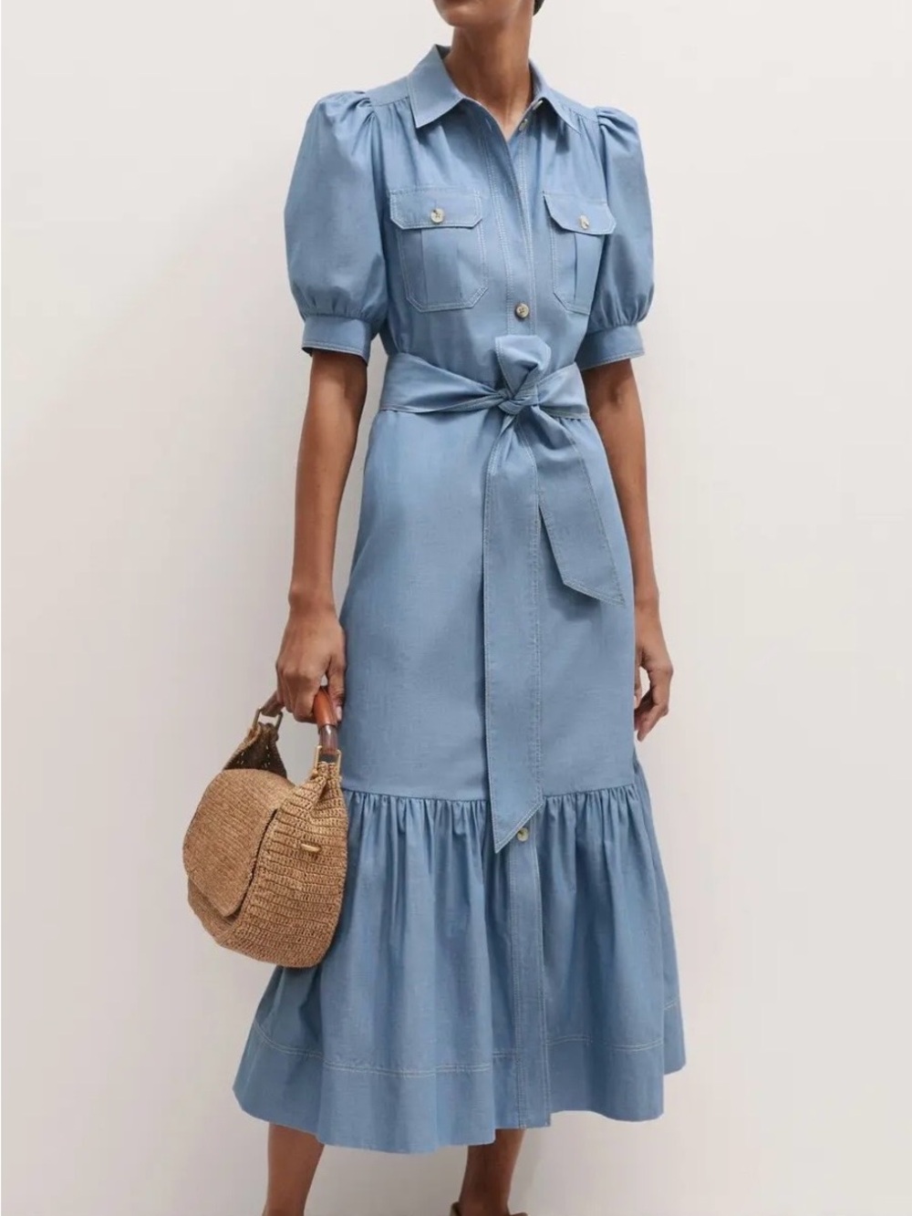 ME+EM Powder Blue Button-Front Tie-Waist Midi Dress